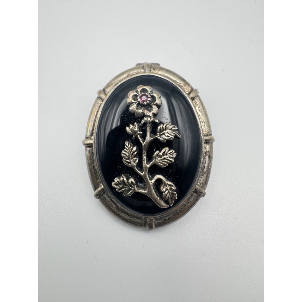 Vintage Art Deco Brooch 835 Silver Black Floral Red Stone